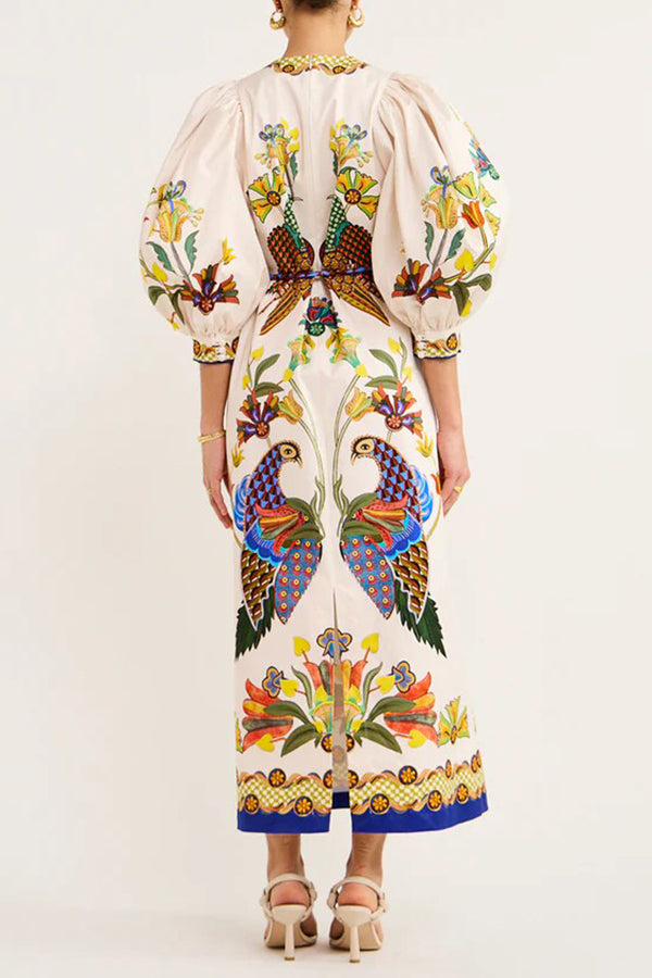 Bird Print Puff Sleeve Belted Border Hem Midi Dress