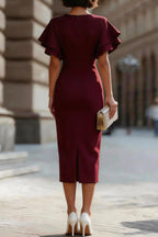 Solid Color Round Neck Ruffle Sleeve Elegant Slim-fit Midi Dress