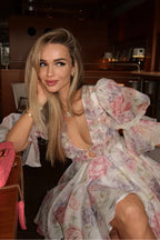 Floral Print Puff Sleeve Deep V-Neck Keyhole Cut Out Ruffle Hem Mini Dress