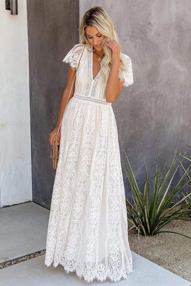Deep V Neck Lace Cap Sleeve Empire Waist Scalloped Hem Maxi Dress