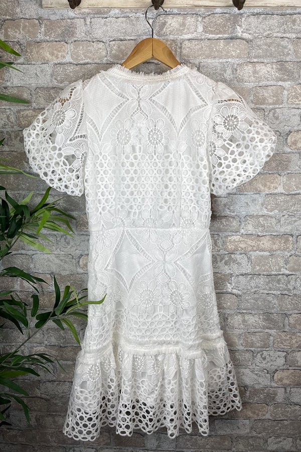 Crochet Lace Collar Button Down Flutter Sleeve Tiered Mini Dress