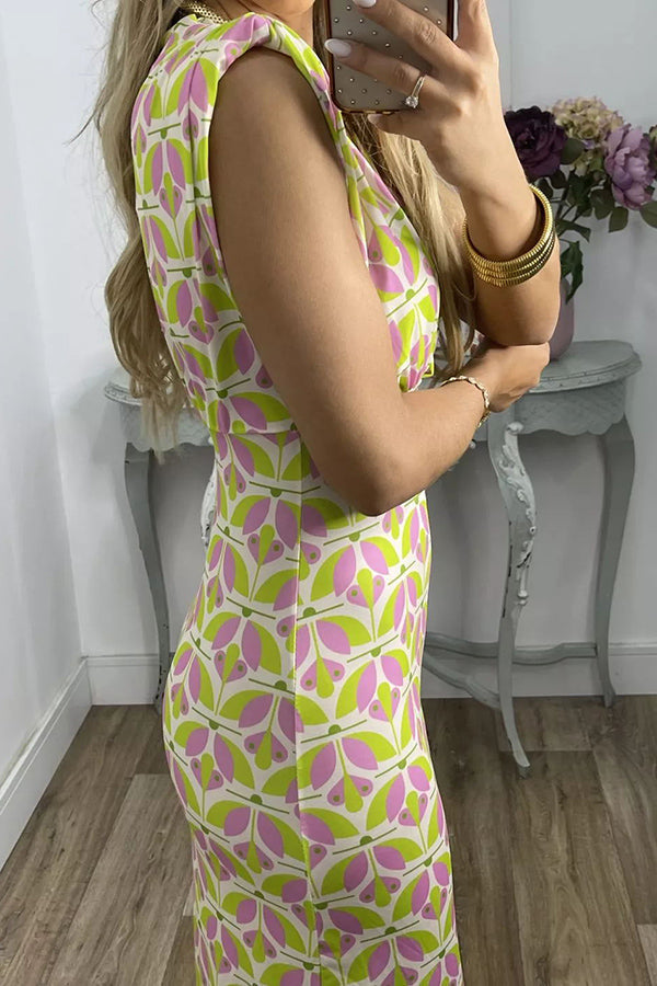 Geometric Print Padded Shoulder Center Slit Column Midi Dress