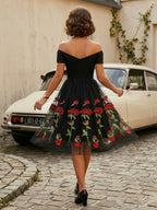 Rose Embroidered Vintage Midi Swing Dress for Women - 1950s Off Shoulder Style A-Line - Summer Tea Party 2026