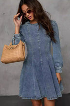 Denim Puff Shoulder Paneled Fit and Flare Mini Dress