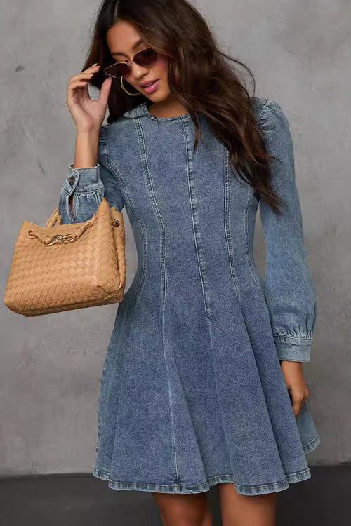 Denim Puff Shoulder Paneled Fit and Flare Mini Dress