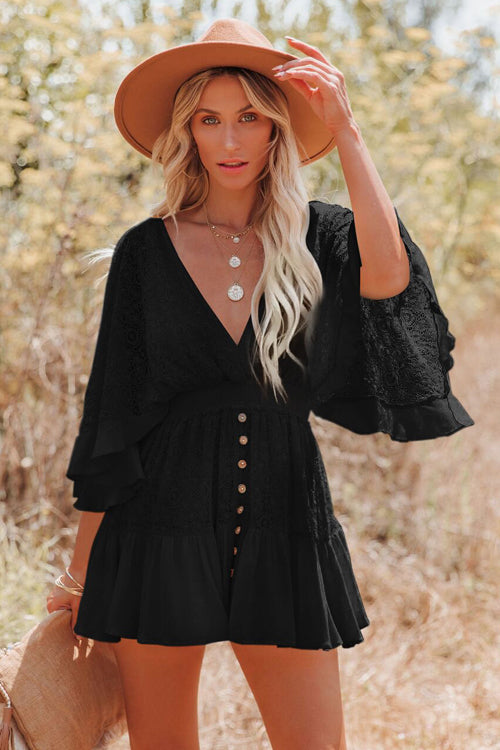 Lace Bell Sleeve Deep V-Neck Button Front Ruffle Hem Mini Dress