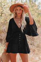 Lace Deep V-Neck Bell Sleeve Smocked Waist Button Front Ruffle Hem Mini Dress