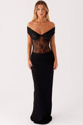 Off Shoulder Sweetheart Lace Paneled Sheer Midriff Column Maxi Dress