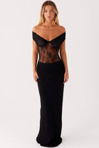 Off Shoulder Sweetheart Lace Paneled Sheer Midriff Column Maxi Dress
