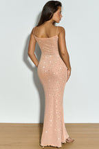 Beige Mesh Rhinestone Cami Maxi Dress
