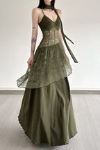 Lace Panel Spaghetti Strap Waist Tie Asymmetric Overlay Maxi Dress
