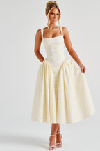 Gingham Square Neck Basque Waist Pleated Fit and Flare Midi Dress