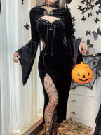 Velvet Bell Sleeve Chest Cutout Buckle Corset Lace-Up Thigh Slit Midi Dress