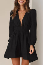 Deep V-Neck Puff Sleeve Smocked Waist Fit and Flare Mini Dress
