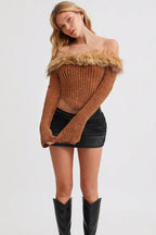 Off-the-Shoulder Fur Trim Slim Sweater