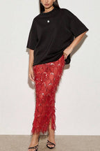 Fashionable Mesh See-through Sequined Tassel Midi Skirt