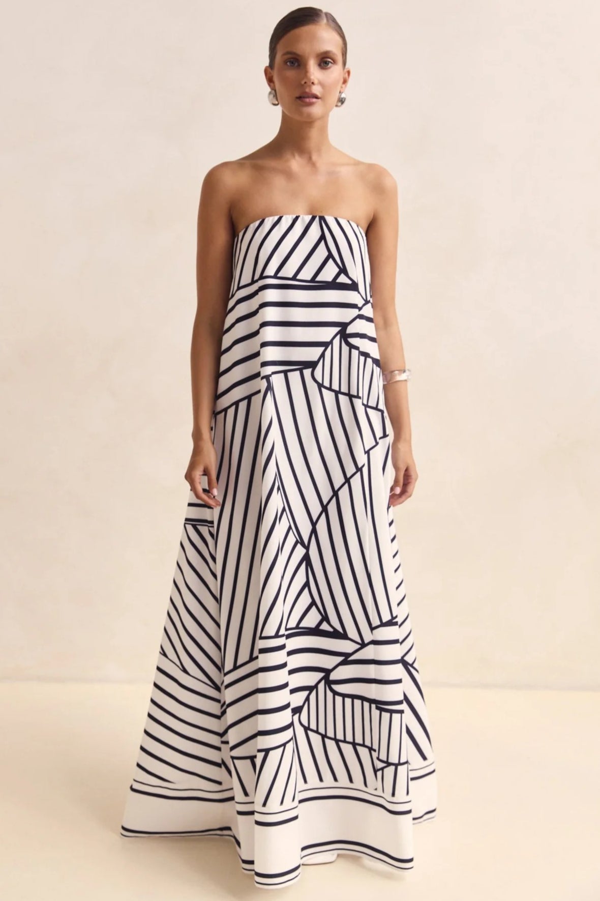 Strapless Contrast Band Hem A-Line Maxi Dress