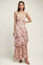 Deep V Neck Tiered Ruffle Watercolor Floral Print Maxi Dress
