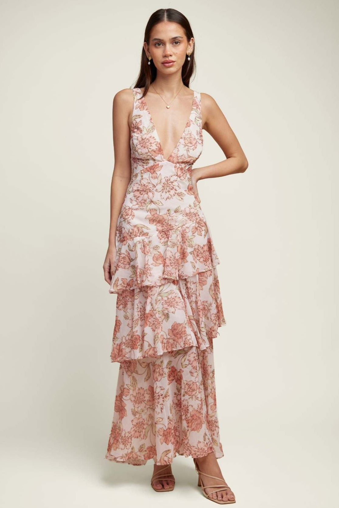 Deep V Neck Tiered Ruffle Watercolor Floral Print Maxi Dress