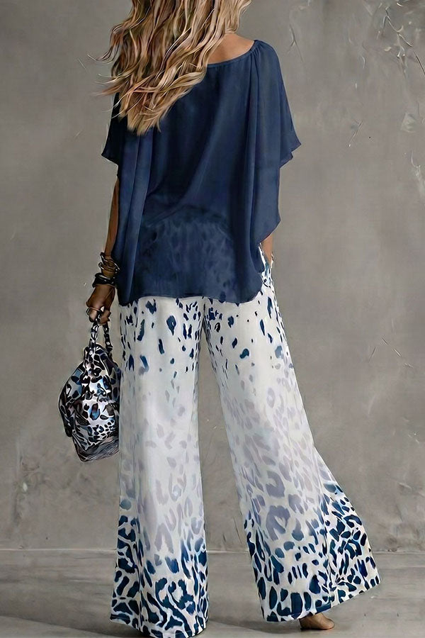Safari Glam Draped Blouse & Ombre Leopard Wide-Leg Trousers Set