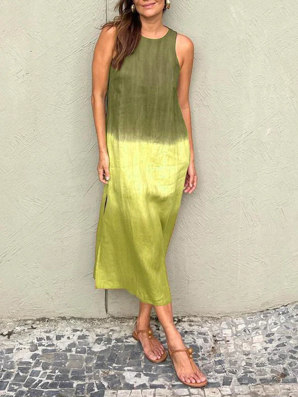 Melanie Minimalist Sleeveless Cotton and Linen Long Dress with Slit and Gradient Tie Dye Boutique Collection