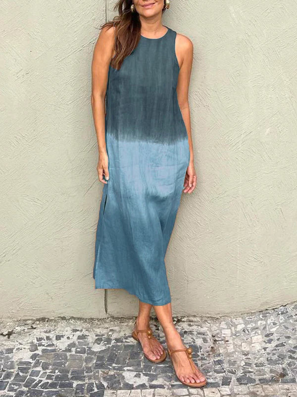 Melanie Minimalist Sleeveless Cotton and Linen Long Dress with Slit and Gradient Tie Dye Boutique Collection
