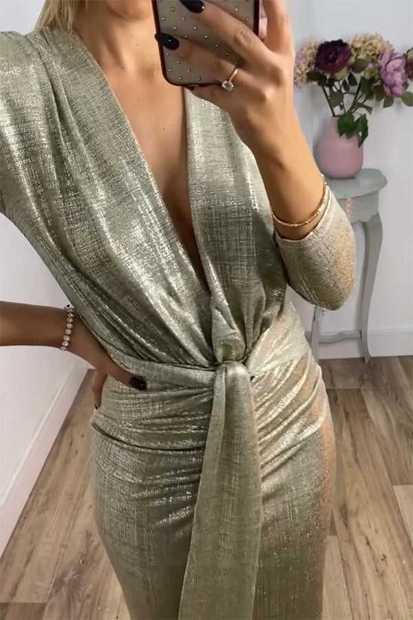 Metallic Ruched Knot Front Deep V-Neck Three Quarter Sleeve Midi Dress
