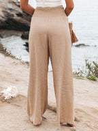 Khaki Linen Pants Wide Leg Elastic Waist Summer Trousers