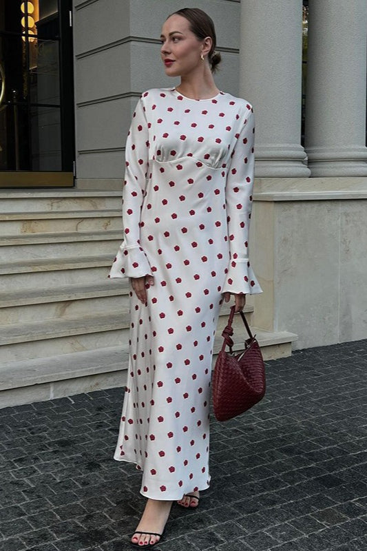 White Polka Dot Print Flare Sleeve Maxi Dress