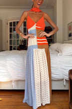 Vibrant Touch Color-blocked Polka Dot Print Slip Pleated Hem Maxi Dress