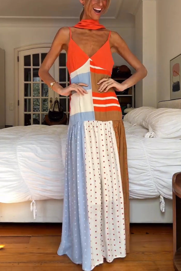 Vibrant Touch Color-blocked Polka Dot Print Slip Pleated Hem Maxi Dress