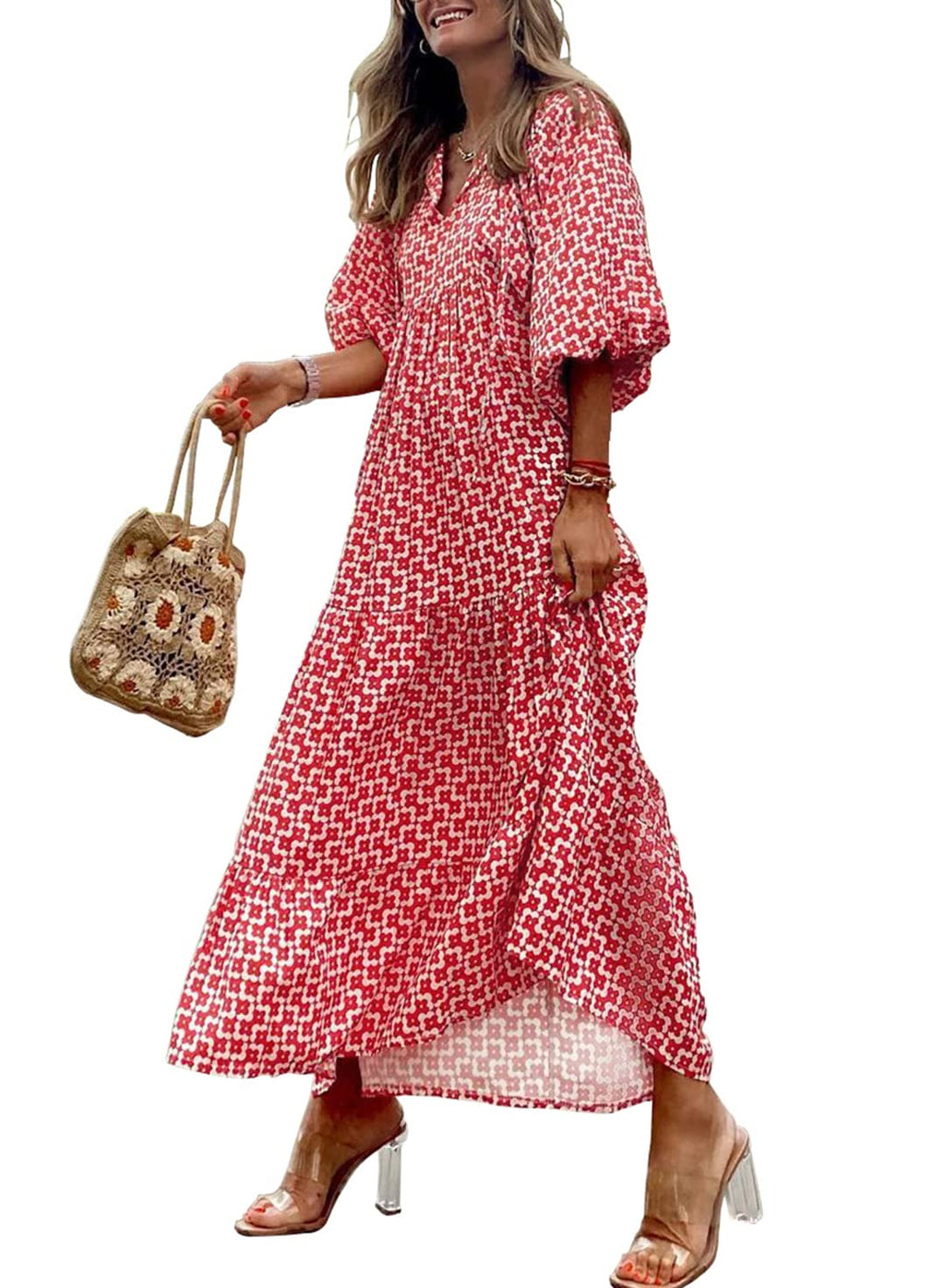 Puff Sleeve Tiered Geometric Print Boho Maxi Dress