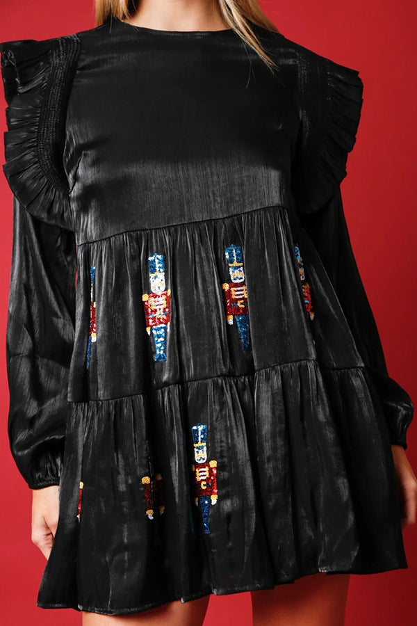 Satin Bishop Sleeve Shoulder Ruffle Nutcracker Sequin Patch Tiered Mini Dress