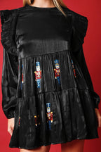 Satin Bishop Sleeve Shoulder Ruffle Nutcracker Sequin Patch Tiered Mini Dress