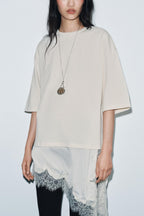 Stylish Round Neck Short-sleeved Patchwork Lace Hem Loose T-shirt
