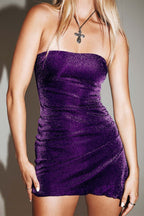 Strapless Side Ruched Glitter Tube Bodycon Mini Dress