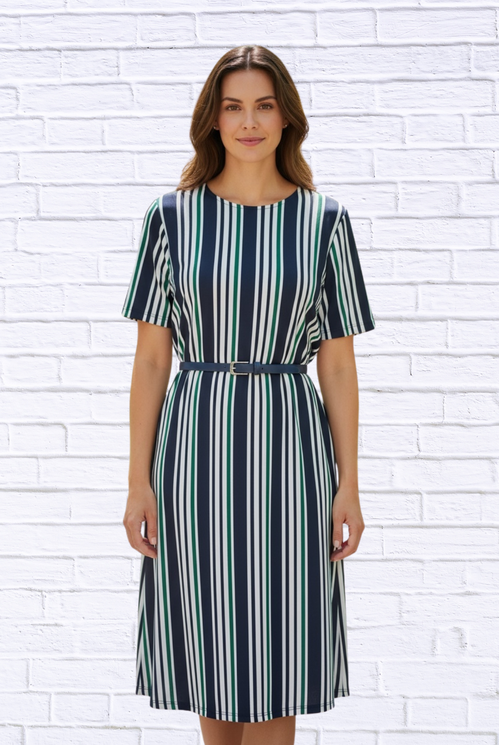 Striped Knit Bon Bon Dress _ Short Sleeve Midi Dress with Stretch Comfort