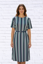 Striped Knit Bon Bon Dress _ Short Sleeve Midi Dress with Stretch Comfort