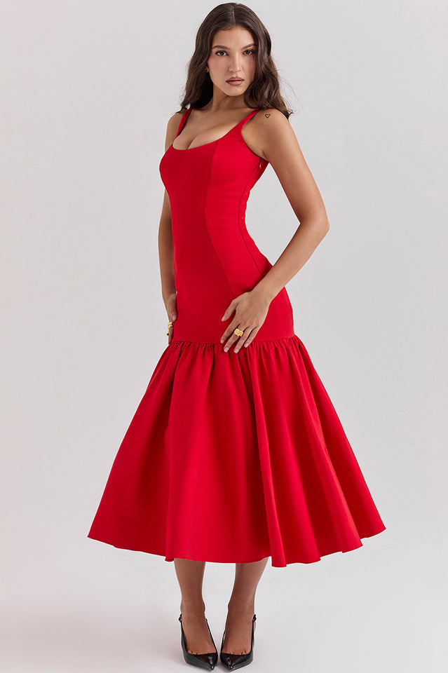 Sleeveless Scoop Neck Princess Seam Dropped Waist Gathered Flounce Midi Dress