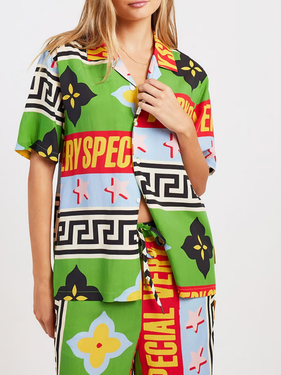 Printed Vacation Long-sleeved Shirt Pants Wide Leg Set 2-piece Sets
