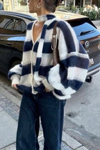 Lantern Sleeves Button Down Color Block Stripes Sweater with Scarf