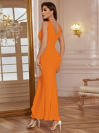V-neck Ruffle Slit Maxi Dresses