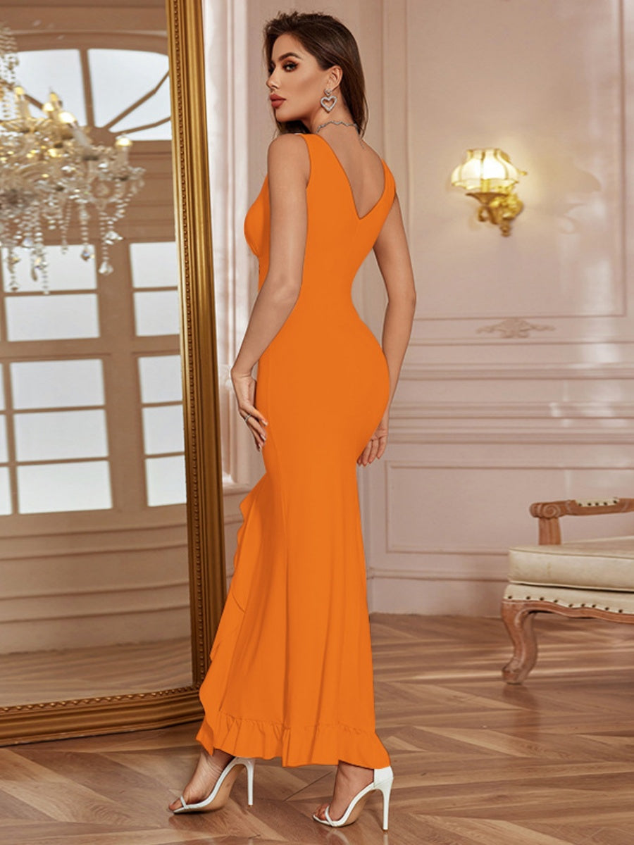 V-neck Ruffle Slit Maxi Dresses