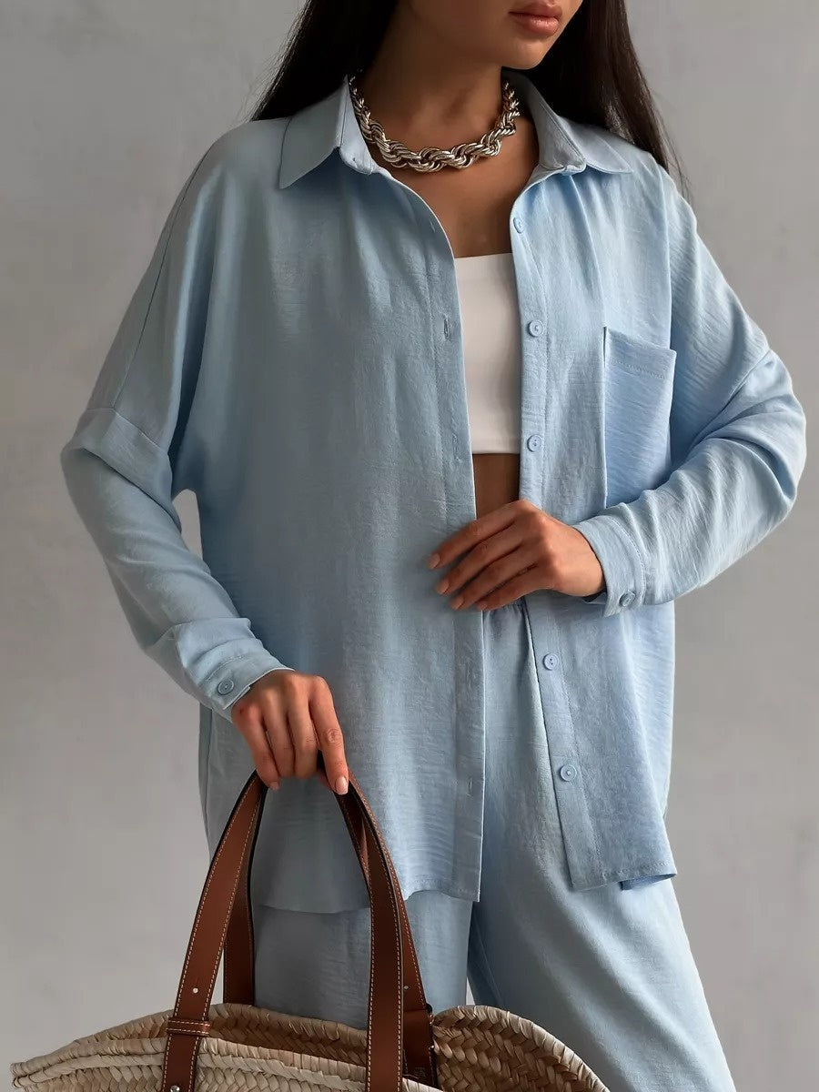 Solid Color Cardigan With Pockets, Casual Wide-leg Trousers 2-piece Sets