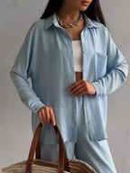 Solid Color Cardigan With Pockets, Casual Wide-leg Trousers 2-piece Sets