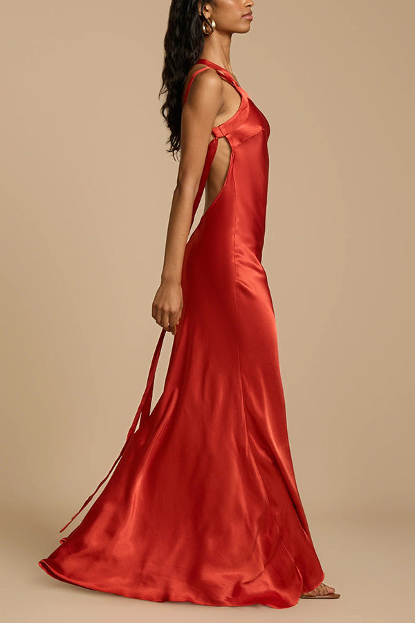 Zippered Single Shoulder Satin Maxi Dresses