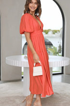 Deep V-Neck Smocked Waist Puff Sleeve Tiered Midi Dress