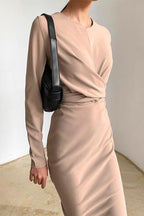 Solid Front Cross Slit Back Ruched Midi Dress