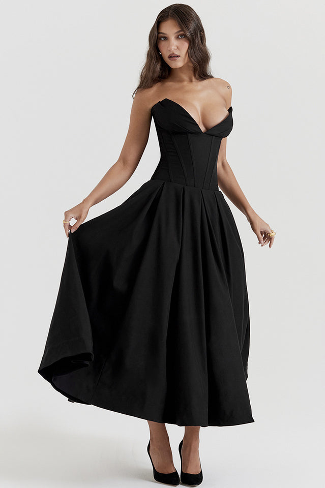 Strapless Plunging V-Neck Corset Bodice Box Pleat A-Line Midi Dress