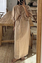 Puff Long Sleeves Lace-up Shirt Drawstring Waist Maxi Skirt Set